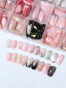 24pcs/Set Medium Square Shiny Colored French Manicure Nail Stickers, Containing Glter, Full Coverage Acrylic False Nails, Inclus 1pc Jelly Gel And 1pc Nail File, Suable For Women And S For Daily Work, Study And Garings - Multicolor 14 - View 6