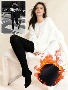 1 Pc Of Thin Thermal Lined Women's Black Pantyhose, High-Stretch Tights, Suitable For 20-25°C - Black - View 1