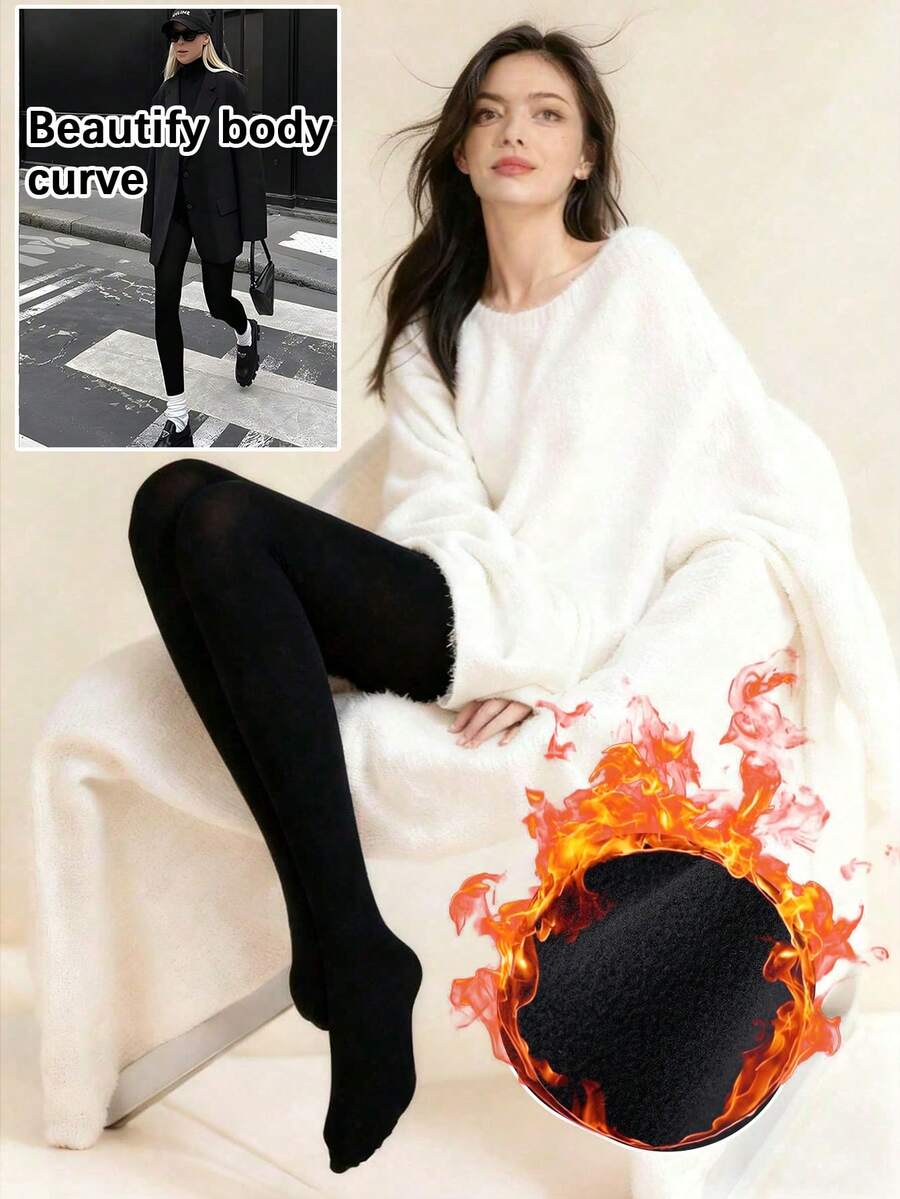 1 Pc Of Thin Thermal Lined Women's Black Pantyhose, High-Stretch Tights, Suitable For 20-25°C - Black - View 1