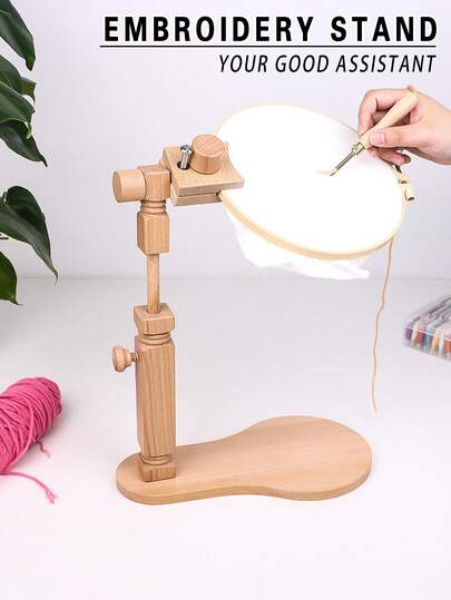 1pc Beige Tabletop Portable Solid Beechwood Embroidery Hoop, Multifunctional Rotatable DIY Hand Embroidery Stand, Easy Assembly And Use, Suitable For Kids And Adults, Comes With 1 Embroidery Hoop