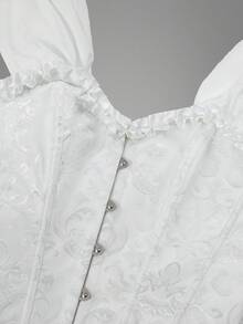 Thiết kế đầm dạ hội cao cấp, áo trễ vai bằng vải jacquard với đường may xương cá, thắt eo, nâng ngực, họa tiết hoa và tay áo xếp ly. - trắng - Xem 5