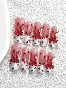 10Pcs Romantic Valentine's Day Style Handmade Press On Nail,Polygel Nail Set,Hand Drawn Hearts Fake,Red,White Nail Polish,Opulent Style,Includes Nail Tools,3 Sizes Available,Almond,Duck,Coffin Nails For Party,Dance,Daily Wear. - 彩色 - 查看 16