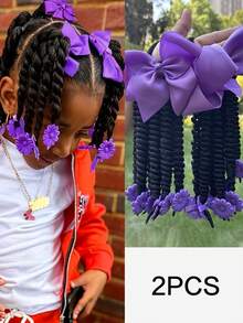 2pcs Kinky Marley Ponytail With Elastic Band Soft Hair Girl Braided With Bow Clip, Flower Clip In The End Ponytail - Black - View 11