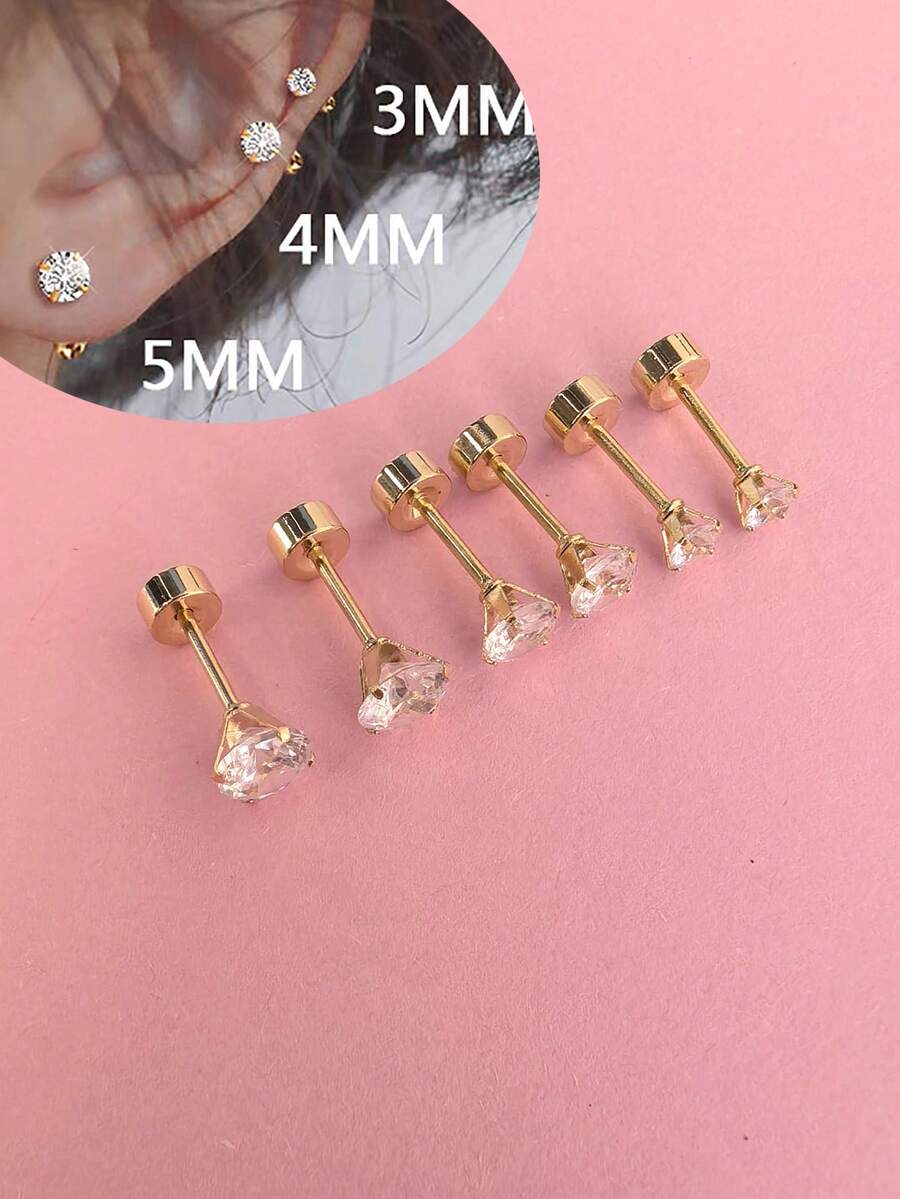2-6pcs/Set Stainless Steel Round Cubic Zirconia Ear Piercing For Women Men CZ Shiny Gold Color Stud Earrings - Gold - View 1