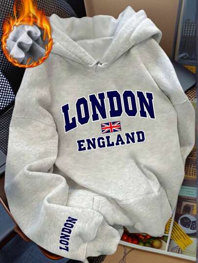 Women's Winter London Flag & Letter Print Sweatshirt Sweatshirt, With Pockets, Casual Loose Versatile Style, Suitable For Autumn & Winter Daily Wear