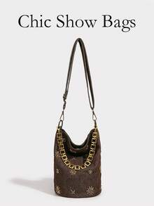 小众设计铆钉刺绣水桶包，夏季牛仔效果单肩包，新款中国风时尚百搭通勤休闲斜挎包，女士款 - 咖啡 - 查看 8