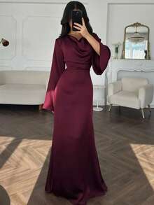 Elegant Women's Burgundy High Neck Long Dress With Flared Sleeves And A-Line Skirt, Suitable For Party Wear - Burgundy - View 3