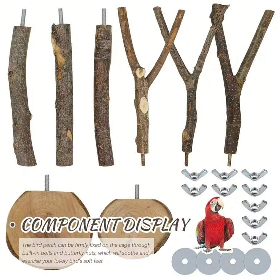 1 Set (8pcs) Perch Kit - Bird Perch, Birdcage Reinforced Wooden Perch, Suitable For Parrots, Cockatiel, Macaw, Lovebirds And Finches - Hanging Multi-Branch Perch Platform With Hammock Swing Toy - Bird Toys, Bird Safety Supplies - Multi-functional Combination - View 1