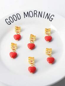 6件套女士编织爱心吊坠发饰，粉色和浅粉色爱心吊坠发饰，发型设计，情人节爱心发饰，编织装饰，耳环，发夹，发卡，发夹，情人节配饰礼物，情人节配饰，头部配饰 - 紅色 - 查看 3