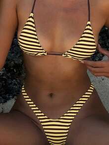 Women's Basic Striped Print Swimwear, Suitable For Various Occasions From Pool To Beach In Summer, Daily Mini Triangle Bikini Beach Outfit Vacation - Yellow Coffee Color - View 2