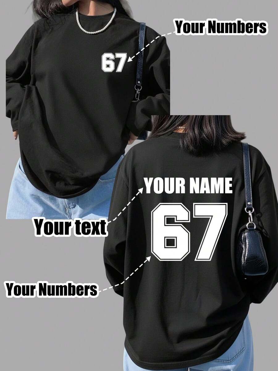 Customized Women Long Sleeve T-Shirt, Printed With Logo, Name/Text/Lucky Number On Front And Back. Black Loose Fit, Ideal For Holiday Gifts, Autumn And Winter Wear, Comfortable And Unique, A Customized Treasure And Thoughtful Gift For Family And Friends. Spring, Elevated Athleisure Sports - Black - View 1