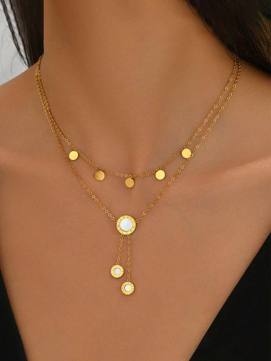 1pc Double Layer Stainless Steel White Roman Numeral Pendant Necklace Elegant Round Disc Tassel Pendant Necklace, Fashionable Everyday Jewelry Suitable For Women For Gift - Gold - View 1