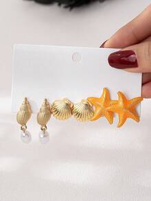 3pairs Elegant Versatile Fashionable Summer Vacation Style European & American New Metallic Gold Starfish, Sea Shell, Sea Life Series Women Earrings Set, Suitable For Daily Commute, Beach Vacation, Party, Refined Jewelry Gift, Stylish Campus Items, Perfect For Best Friends - 3 Pairs Of Earrings Set - View 10