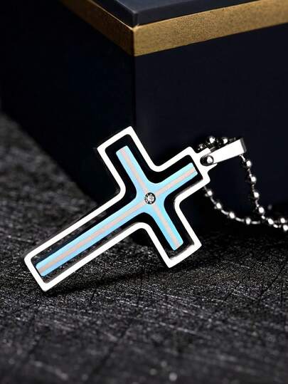 1pc Stainless Steel Rotatable Cross Pendant Necklace For Men, Silver Tone Bead Chain With Blue Enamel, Perfect For Street Style