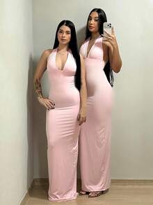 Elegant, Sensual, Long Dress With Halter Neck Tie, Made Of Knit Fabric. - 淺粉色 - 查看 3