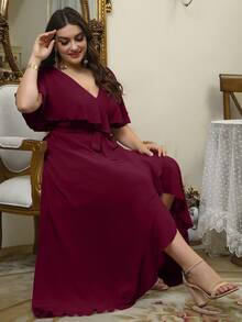 UNITHORSE Plus Size V-Neck Ruffle Trim Chiffon Bridesmaid Dress - Burgundy - View 5