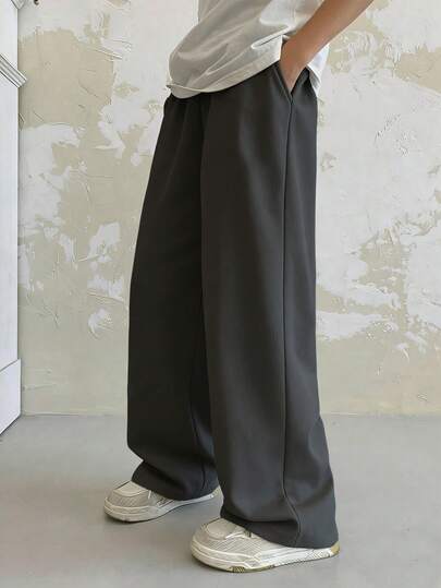 1pc Teen Boys Casual Versatile Comfortable Fashion Sweatpants, Elastic Waist Straight Leg Loose Fit Pants, Warm Lining, Suitable For Spring, Summer, Autumn, Winter