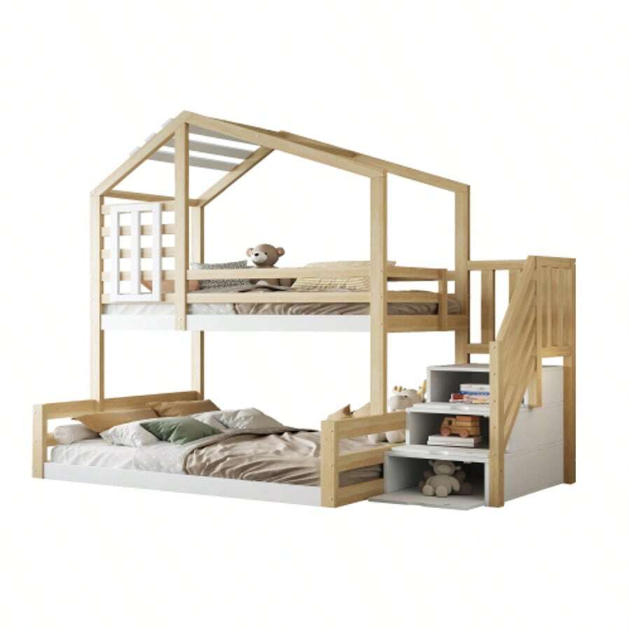 Litera, 90*200cm, madera de pino, cama con ventana, cabecero, barandilla, escalones de almacenaje, natural - Color natural 1 - Ver 1