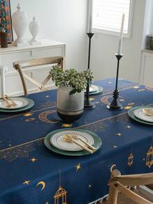 1件藏蓝色桌布，饰有金色星月灯笼图案，搭配米色流苏波西米亚风格防水家居装饰餐垫，适用于卧室、餐厅、酒店、节日装饰 - 彩色 - 查看 2