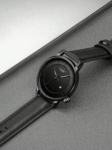 TOMI 1pc Teen Boys & Girls Minimalist Design Quartz Watch With Leather Strap, Calendar Display, Versatile Watch Suitable For Daily Life, Gift For Christmas And Year-End - Black - View 4