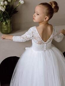 Tween Girl Lace Trim Deep V Back Mesh Princess Dress, Suitable For Birthday Party, Easter, Wedding, Prom, Holiday Occasions - White - View 5