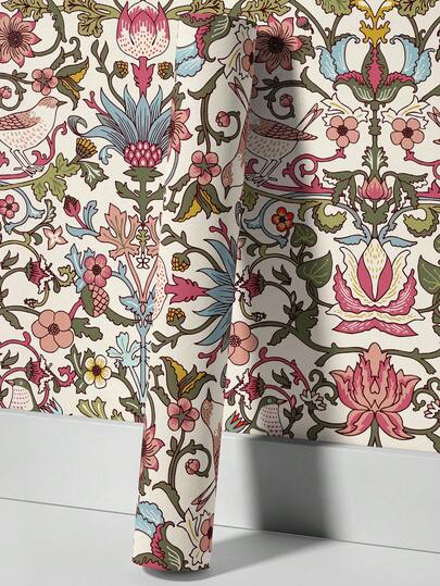 ihomeli Garden Visitors Wallpaper In Raspberry, Mineral And Olive On Windsor Cream Removable Wall Art, Exotic Palm Leaves Gold Color Leaves, Wallpaper Pastel Leaves, Bright Vintage Nature Print, Removable Wallpaper, Home Decor Wall Hanging