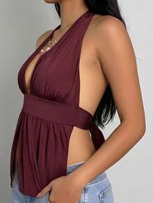 Womens Open Back Halter Tops Summer Fashionable Solid Color Split Front Going Out Vest - Purple - View 3