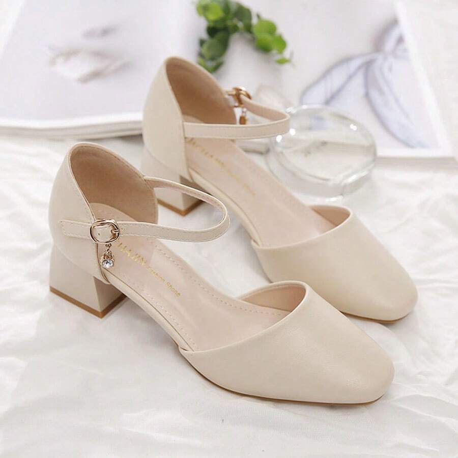 Zapatos de tacón para mujer Sandalias de verano de una sola correa, punta cuadrada y punta abierta para mujer. Combinación de verano con vestidos. Zapatos de tacón medio grueso, tacón alto y estilo hada. Sandalias de punta semiabierta para mujer. Novedades de primavera/verano de estilo hada. Zapatos de tacón grueso y punta hueca. Tacones franceses versátiles de una sola correa y punta abierta. - Beis - Ver 1