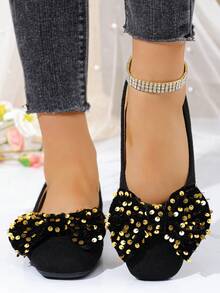 Women's Square Toe Slip-On Casual Flat Shoes With Glitter Bow Decor - Black - View 3