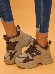 女士休闲坡跟厚底运动鞋，适合日常穿着 - 棕色 - 查看 5