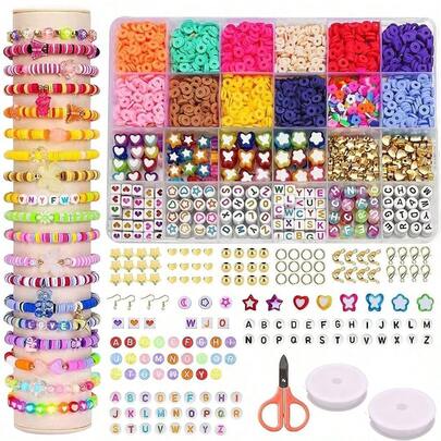 1盒粘土珠手链套装，包含彩色亚克力心形星形花朵蝴蝶珠子，以及字母珠子，适合制作珠宝，可作为圣诞派对礼物。