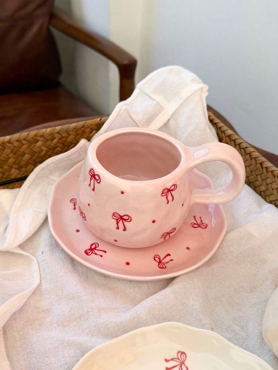 1pc Hand-Painted Polka Dot Bow Ceramic Cup & Saucer Set, French Countryside Style Pink Bow Ceramic Coffee Cup & Saucer, Romantic Girly Aesthetic Mug, Suitable For Daily Afternoon Tea, Gathering With Friends - Multicolor - View 1