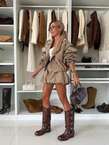 Women's Solid Color Spring/Autumn New Jacket Two Pieces Set: Jacket + Pants - Light Khaki - View 6