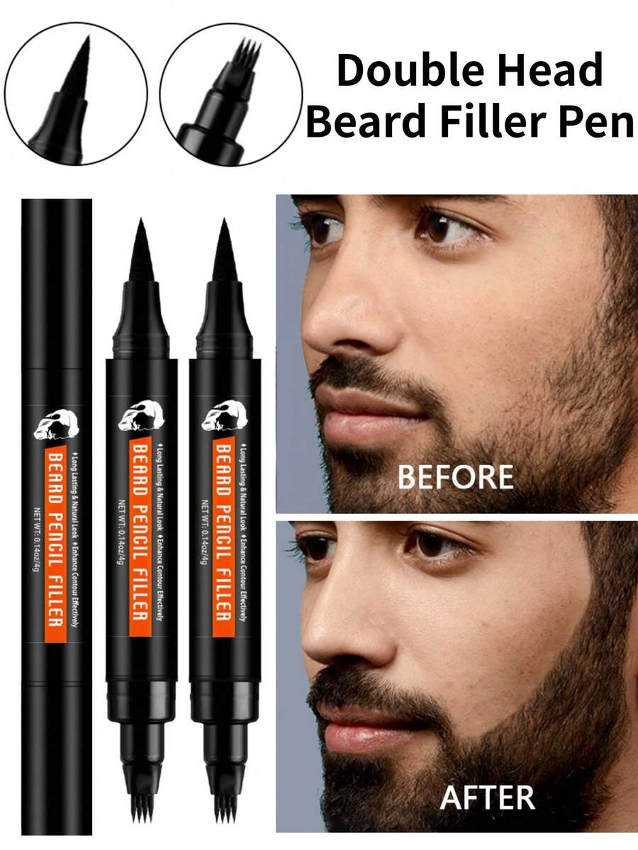 Goiple 2-In-1 Beard Filler Pen Set, Black 4-Prong Beard Grooming Pen, Men's Beard Filler Pen, Sweat & Waterproof, Fill In Sparse Beard, Long-Lasting Color, 4-Head Brush, Multi-Function Eyebrow/Eyeliner Pencil, Beard Grooming Pen - 彩色 - 查看 1