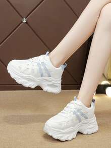 Girl's Thick Sole Chunky Sneakers, New Mesh Breathable Casual Athletic Shoes - Blue - View 4