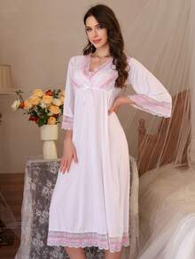 春秋季蕾丝边V领睡裙，七分袖睡衣连衣裙 - 白色 - 查看 3
