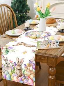 1pc Colorful Rabbit Easter Table Runner, Featuring Rabbit Wreath Pattern, 35*180cm Polyester Farmhouse Style Easter Table Runner, 2026 Easter Home Decor, Kitchen Dining Table Decoration, Spring Holiday Decor - Multicolor - View 9