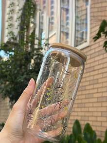 1个带竹盖和吸管的玻璃杯，啤酒罐造型，可作水杯、冰咖啡杯、奶昔杯、水果杯、果汁杯，粉色蝴蝶结印花，可重复使用，夏季饮品杯，大容量户外旅行便携饮料果汁杯，适合家庭、办公室、聚会、生日派对、节日、圣诞节等场合，冬夏皆宜。 - 金色 - 查看 8