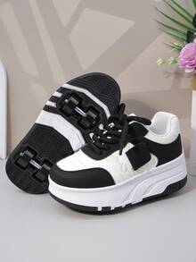 儿童四轮滑鞋，可拆卸轮子运动鞋，系带式Heelys轮滑鞋，男女童时尚休闲鞋 - 黑色 - 查看 3