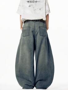 1 chiếc quần jeans ống rộng dáng suông phong cách Nhật Bản Justice Brother dành cho nam, chất liệu denim rách. - Màu xanh bụi bặm - Xem 7