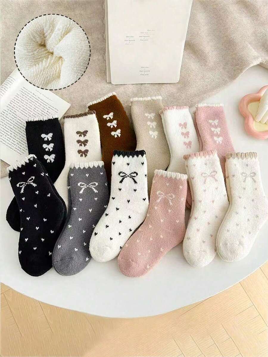 4双儿童洛丽塔蝴蝶结荷叶边短袜，保暖舒适中筒袜，ins风，秋冬款 - 彩色 - 查看 1