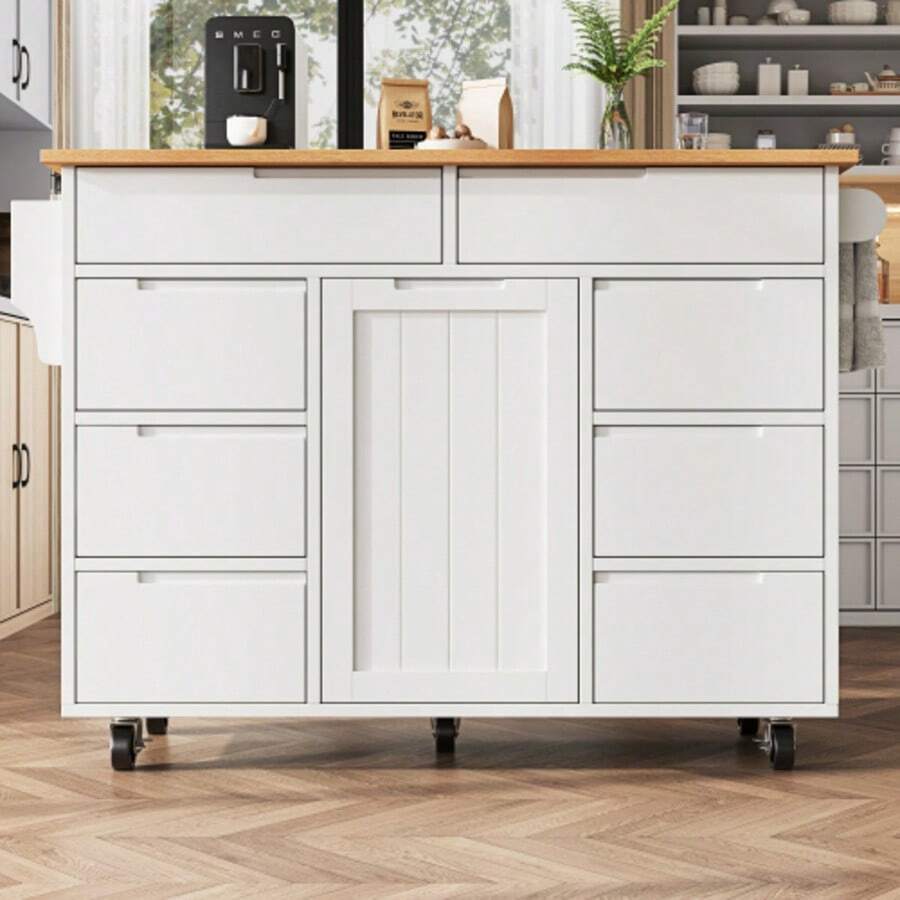 Modern Kitchen Island, Kitchen Cabinet, Extendable Kitchen Trolley With Wheels And Worktop, Serving Trolley With Spice Rack And 8 Drawers, White - White - View 1
