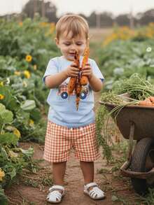 2Pcs Toddler Baby Boy Summer Clothes Infant Easter Outfits Embroidery Bunny Short Sleeve T Shirts And Gingham Shorts Sets - Blue - View 2