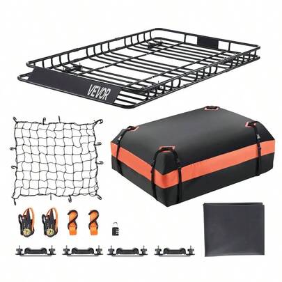 Roof Rack Basket, 64x 39x 4.1 In, Universal Rooftop Cargo With 44.1x 34.3x 10.2 In Cargo Bag, Net, Ratchet Straps, 250 Lbs Load Capacity Car Top Luggage Holder