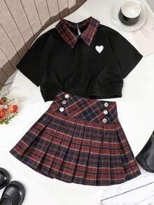 【返校两件套】8-12岁女童校园风套装 - 格纹爱心刺绣Polo衫 + 百褶撞色领半身裙 - 黑色 - 查看 1