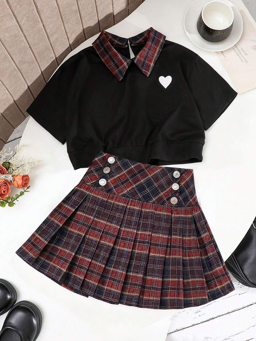【返校两件套】8-12岁女童校园风套装 - 格纹爱心刺绣Polo衫 + 百褶撞色领半身裙 - 黑色 - 查看 1