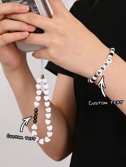 Customized Phone Lanyard, Fashionable Personalized Soft Clay Heart-Shaped Beaded Letter Bead Phone Lanyard, Black/White/Beige Bead Bracelet, Customizable Name, Slogan, Location, Date, Suitable For Birthday, Anniversary, Gift