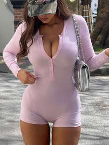 Bộ áo liền quần dài tay cổ chữ V dành cho nữ, kiểu dáng thường ngày, màu hồng, thanh lịch cho mùa xuân. - Hồng - Xem 6