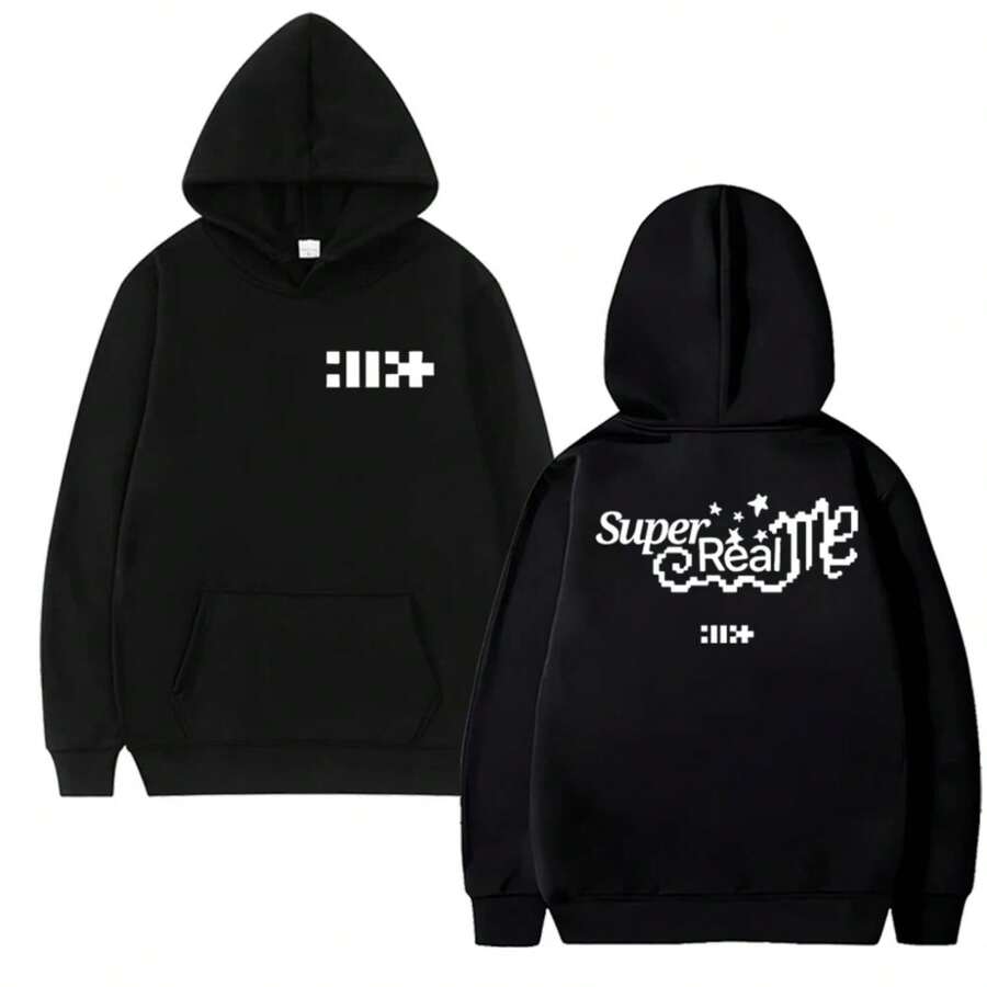 Korea Kpop ILLITS Band Album Super Real Me Double Sided Print Hoodie Men Women TrendSS Y2k Pullover Uni - Đen 3 - Xem 1