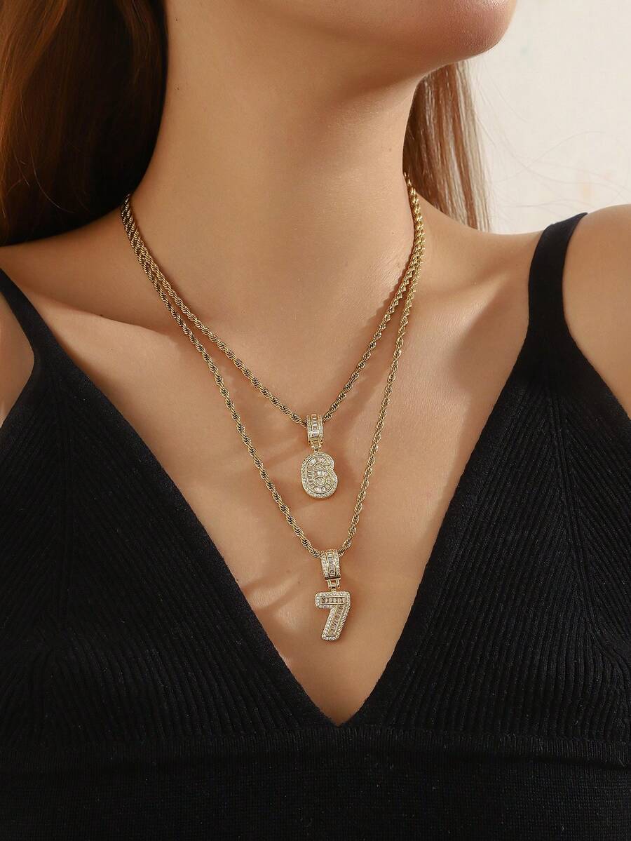 2pcs Luxury Copper Zirconia Stone Arabic Number 67 Pendant Necklace Set With Stainless Steel Twisted Chain, Elegant Gift For Women, Daily Wear - Copper-set  Number Necklace Set - View 1